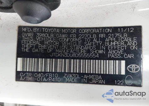 2013 Toyota Prius Two из США, поврежденный, VIN JTDKN3DU8D5555554